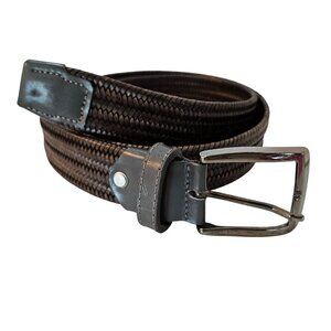 Alberto Braided Leather Elastic Stretch Belt Grey Silver Buckle 40 Inch Italian